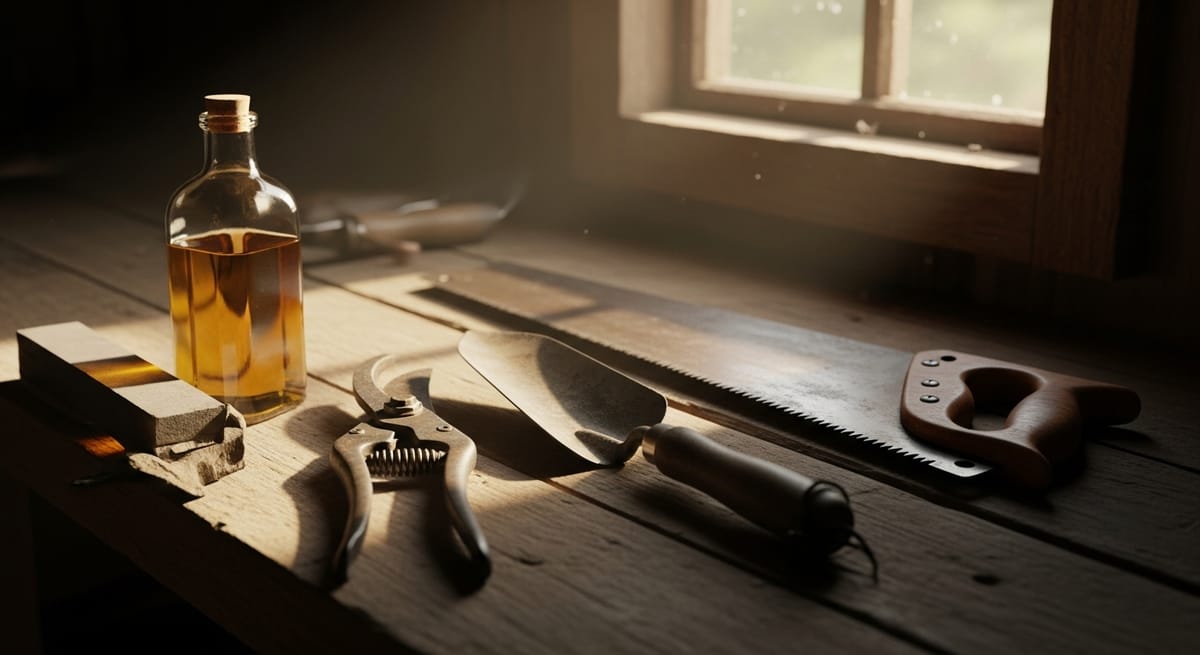 Gartengeräte pflegen im Winter Rost entfernen Klingen schärfen und Werkzeug ölen für den Frühling